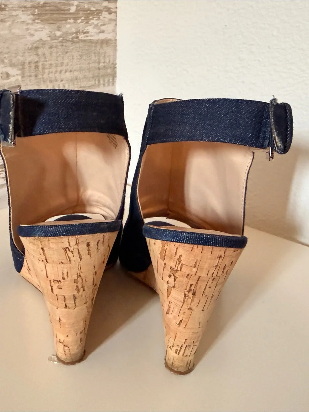 Nine West Denim Cork Wedge Peep-Toe Sandals - Dark Blue